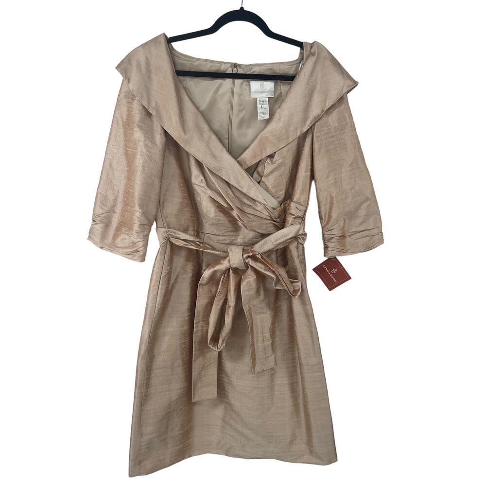 NWT Watters & Watters Silk Belted Tie preppy Cashmere Tan Cocktail Dress 15 / XL